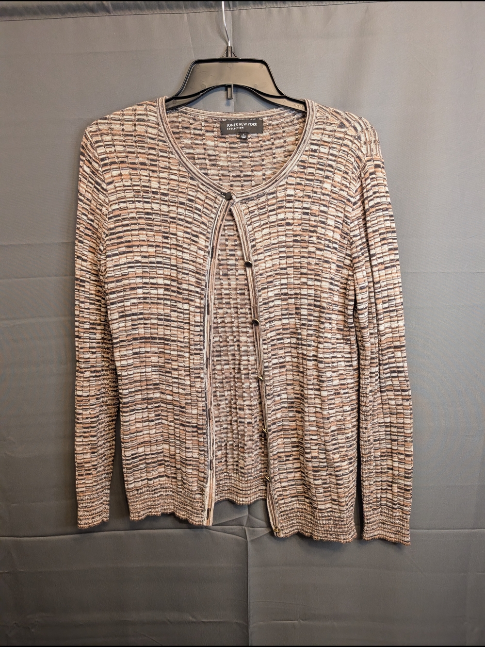 Jones New York Beige and Brown Striped Knit Cardigan